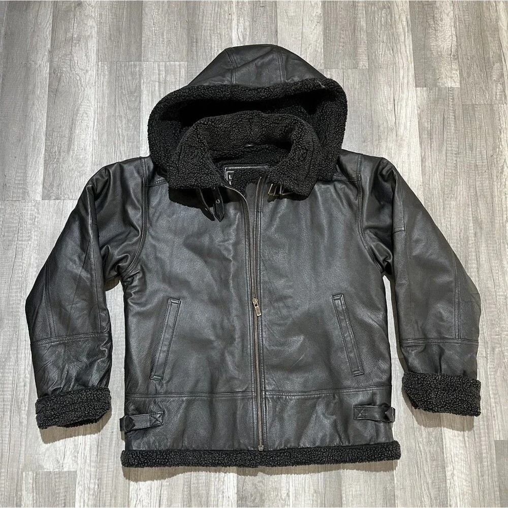 Leather Limited Mens XL Black Leather Sherpa Lined Hooded Bomber Jacket Aviator